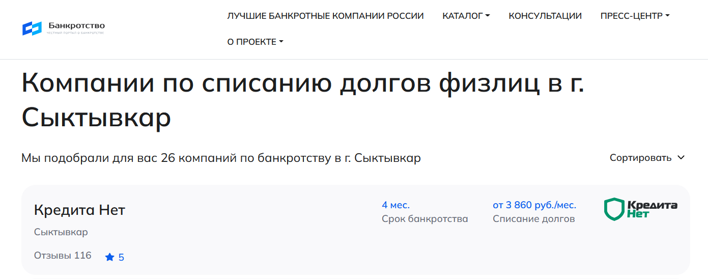 КредитаНет – первые в рейтинге компаний по банкротству в Сыктывкаре на сайте Банкротство Инфо